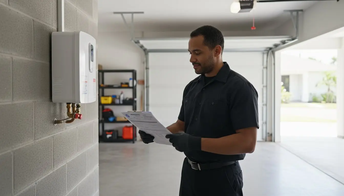 Man reading paperwork beside a wall-mounted water heater in a garage.