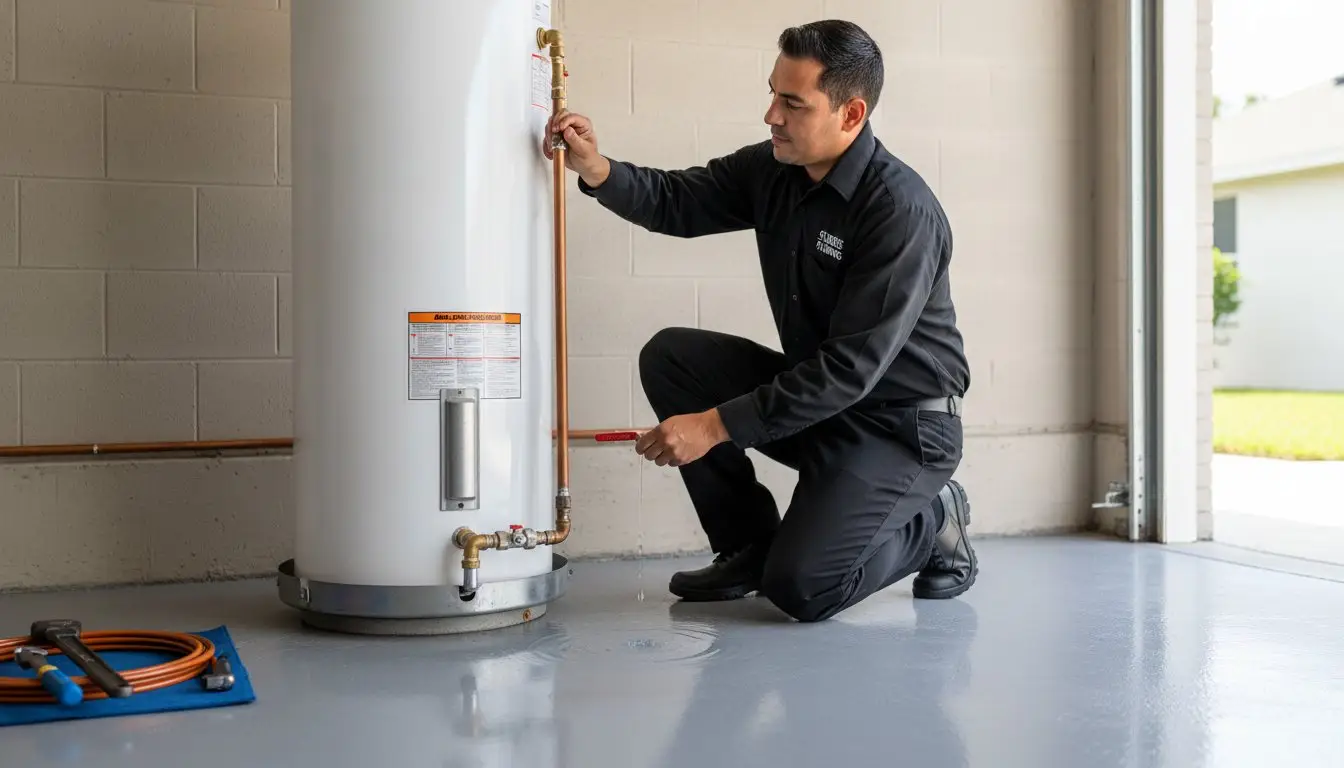 Man kneeling beside a cylindrical water heater and handling a pipe connection near its base.