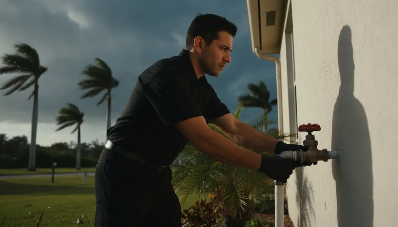 Man working at an exterior pipe and red-handled valve beneath dark clouds.