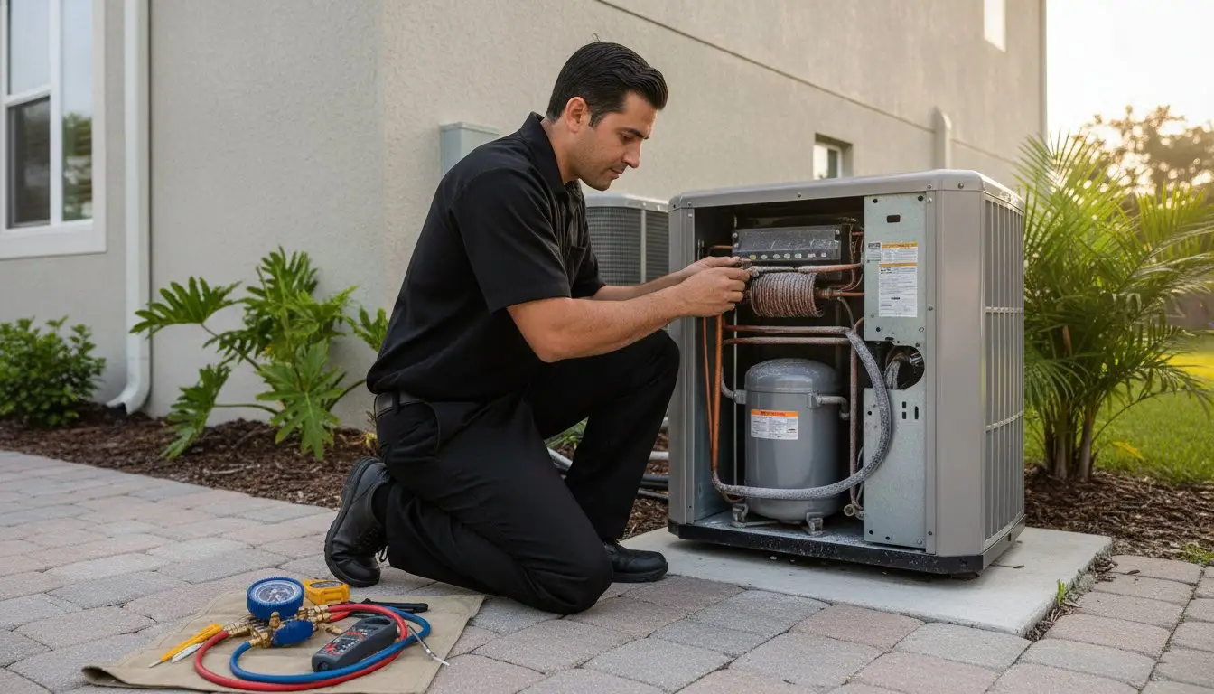 Man working inside an open outdoor air-conditioning unit with components and wiring exposed.