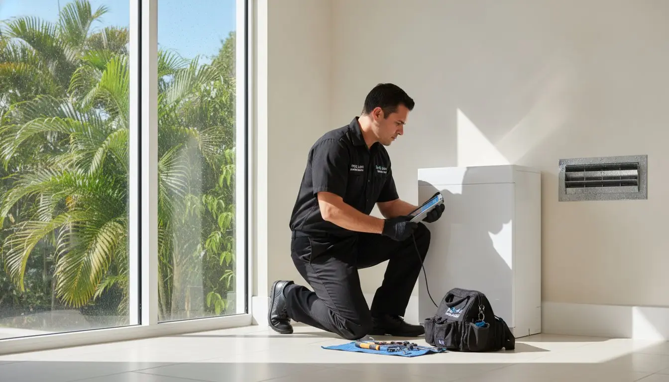 Man holding a handheld device beside a wall vent and white cabinet.