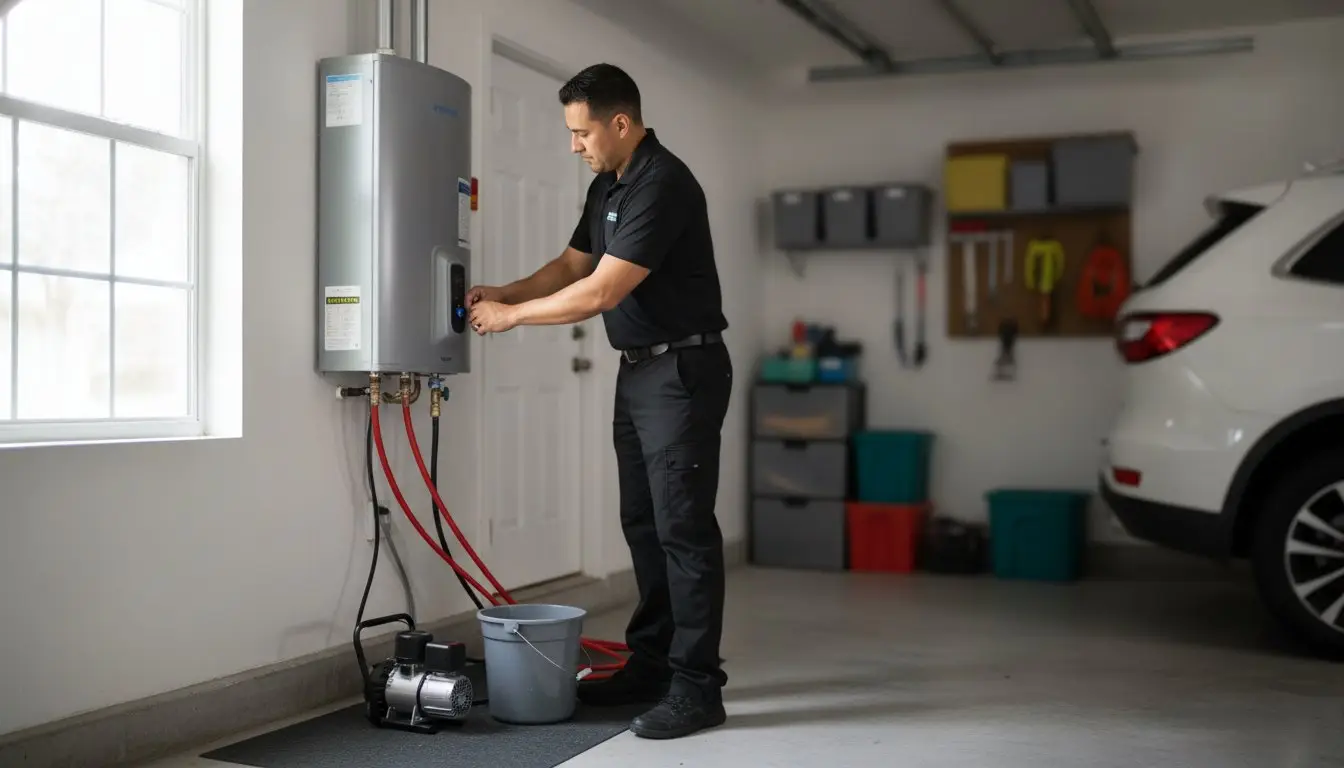 Man working on a wall-mounted water heater connected to hoses beside a pump and bucket.