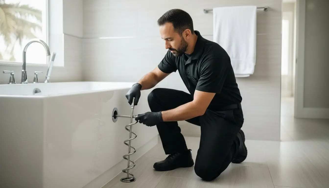 Man holding a coiled drain cable beside a white bathtub.
