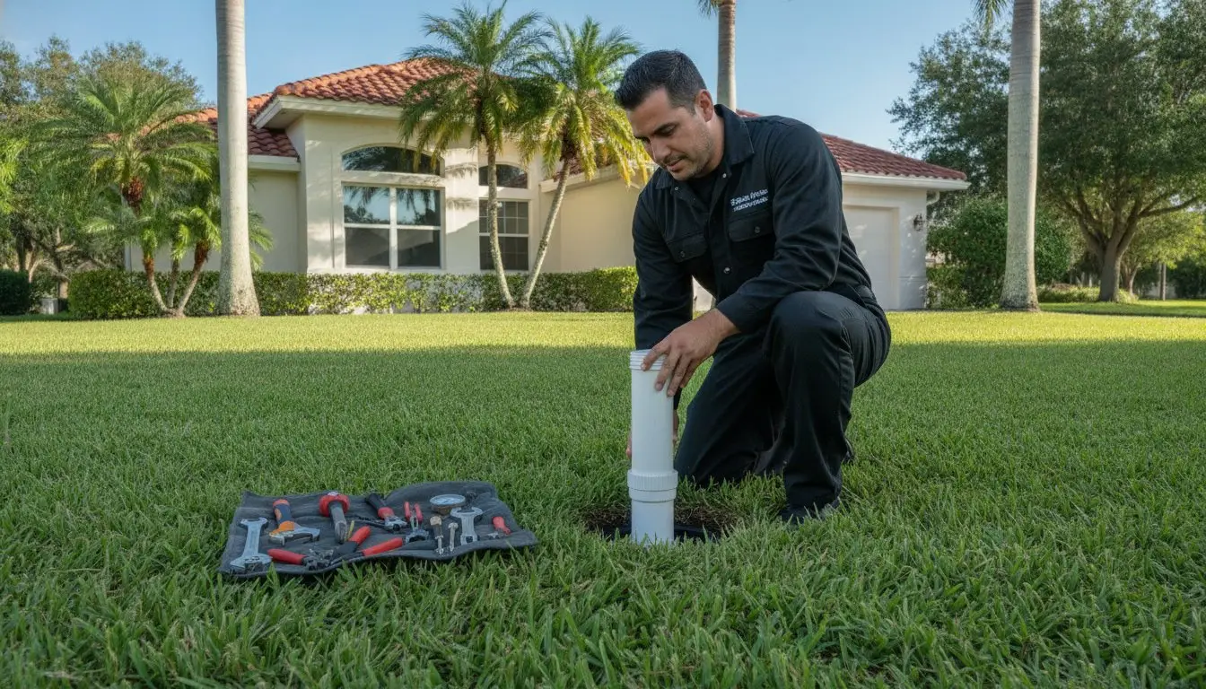 Man kneeling on a lawn beside a white upright pipe and a tray of tools.