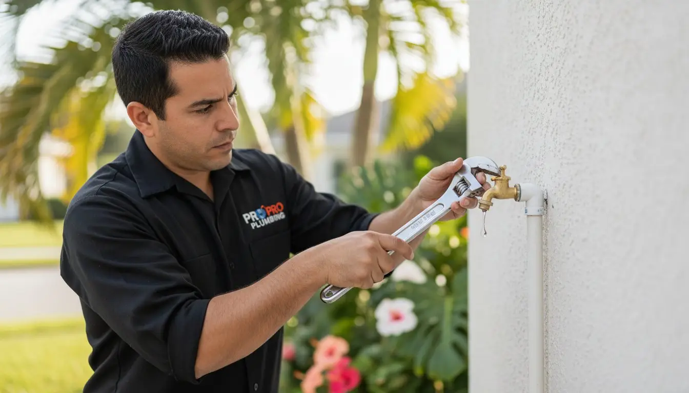 Man using a wrench on an outdoor faucet attached to a wall.