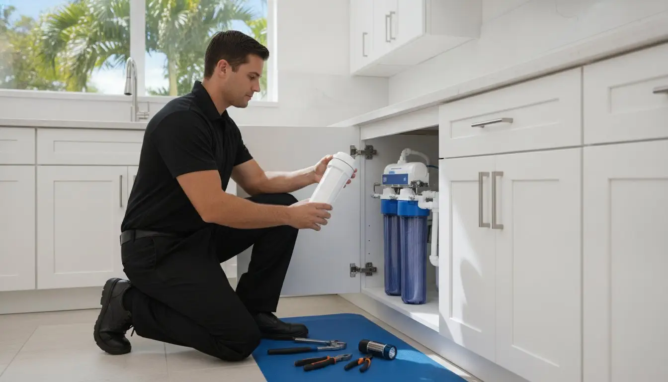 Man holding a filter component beside blue filter housings in an open sink cabinet.