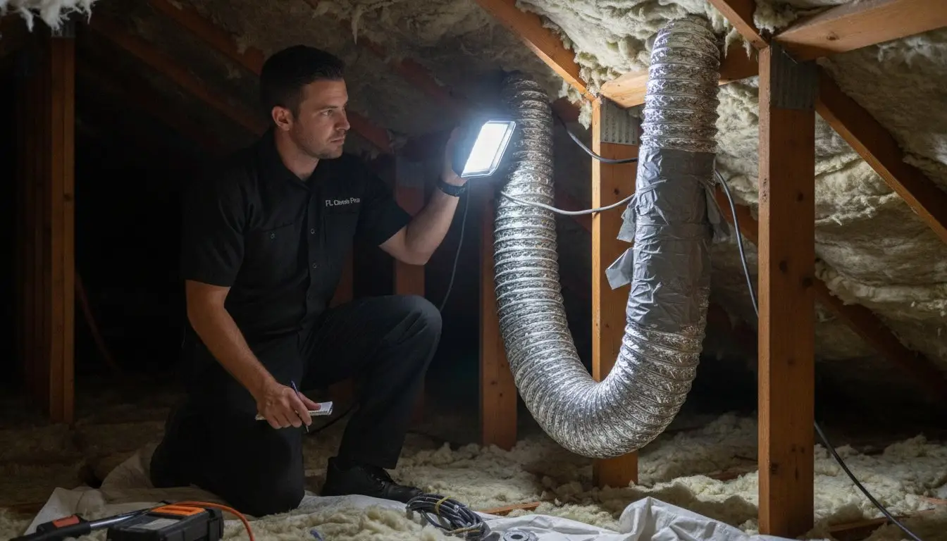 Man illuminating flexible ductwork with a work light in an attic.