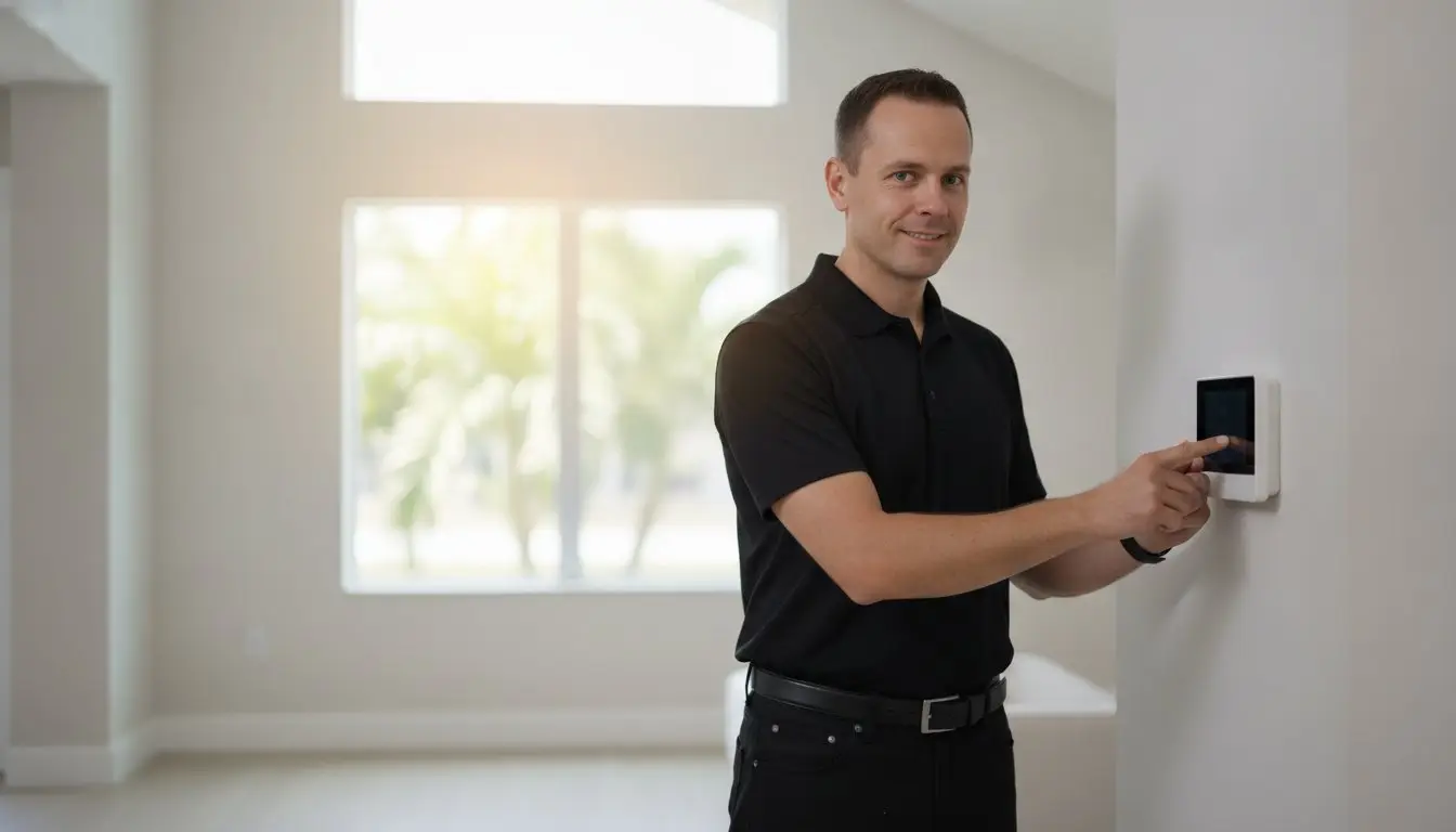 Man touching the controls of a wall-mounted thermostat.