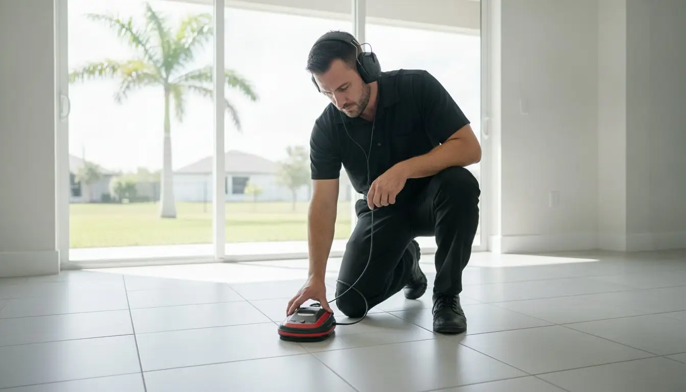Man wearing headphones while holding a round wired device against a tiled floor.