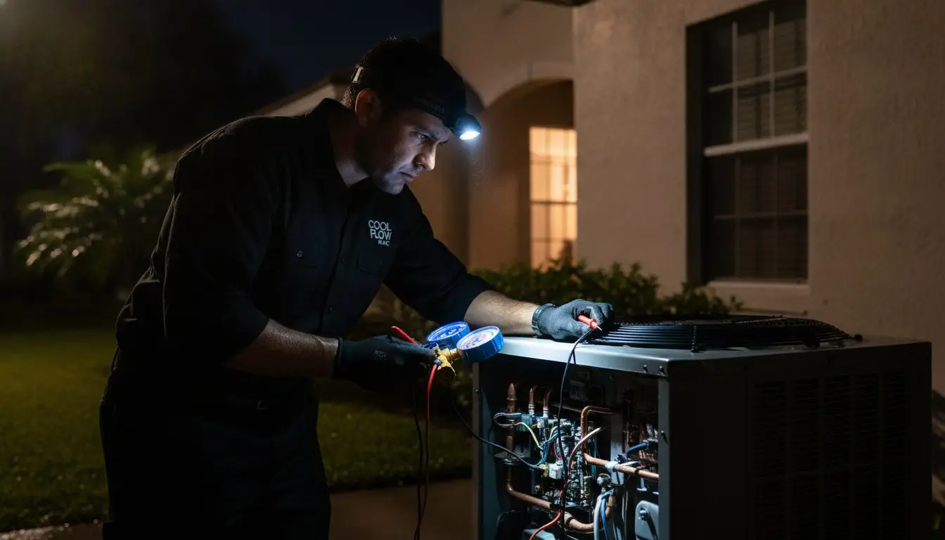 Man wearing a headlamp and checking gauges at an open outdoor AC unit after dark.