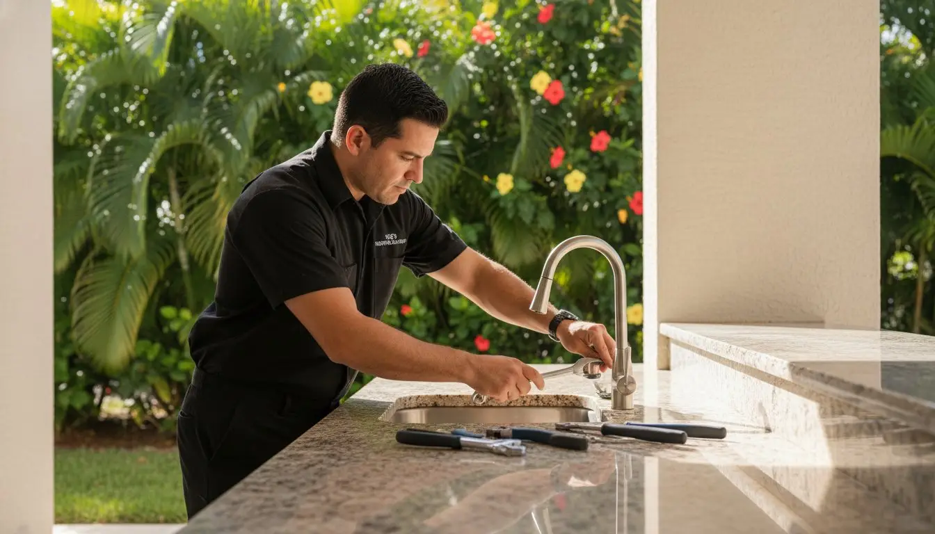 Man working on a curved faucet at an outdoor countertop sink.