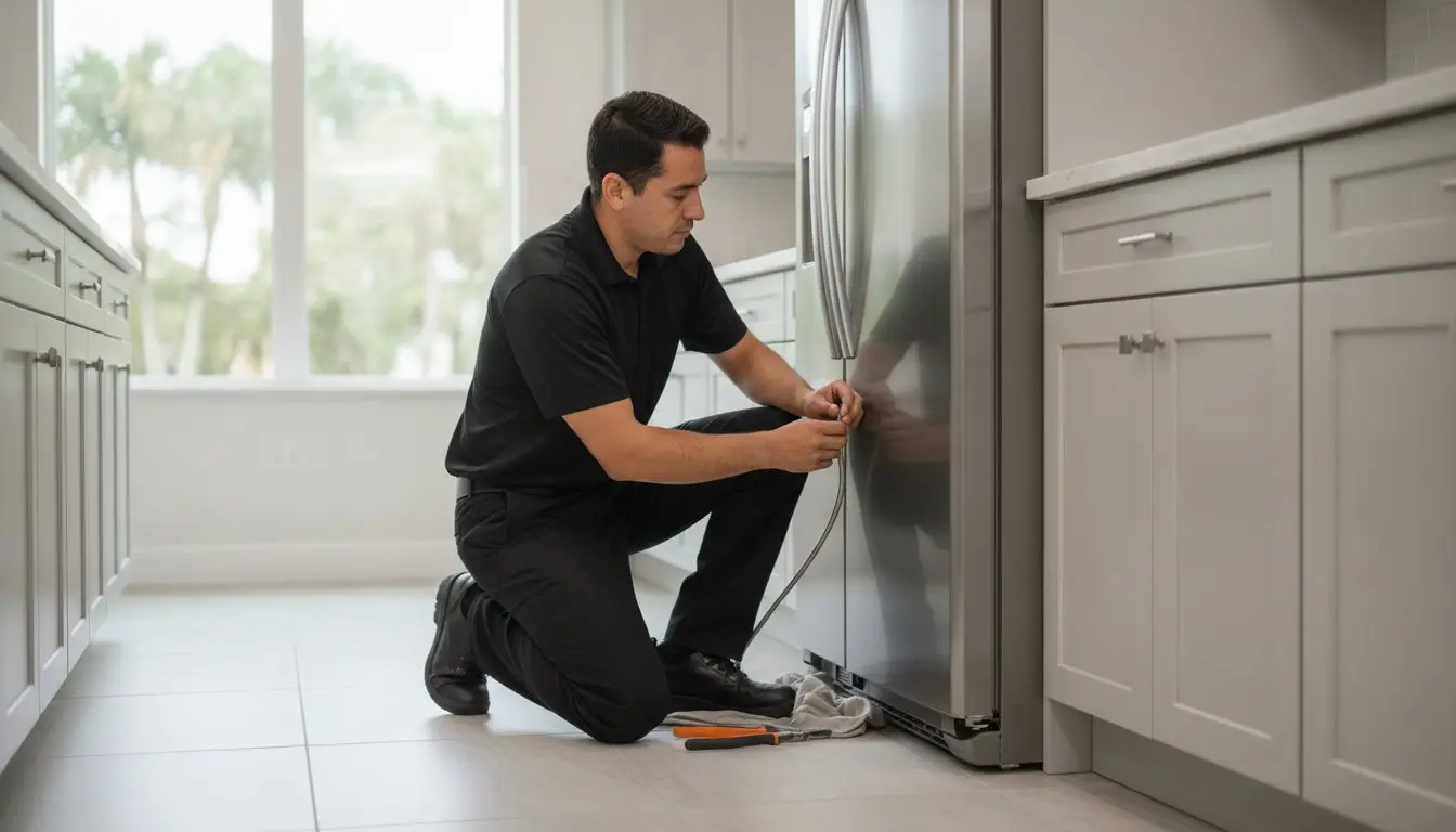 Man kneeling beside a refrigerator and handling a flexible line near its base.