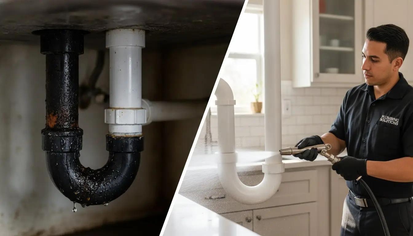 Dark drain trap beside a separate scene of a man using a tool near a white drain trap.