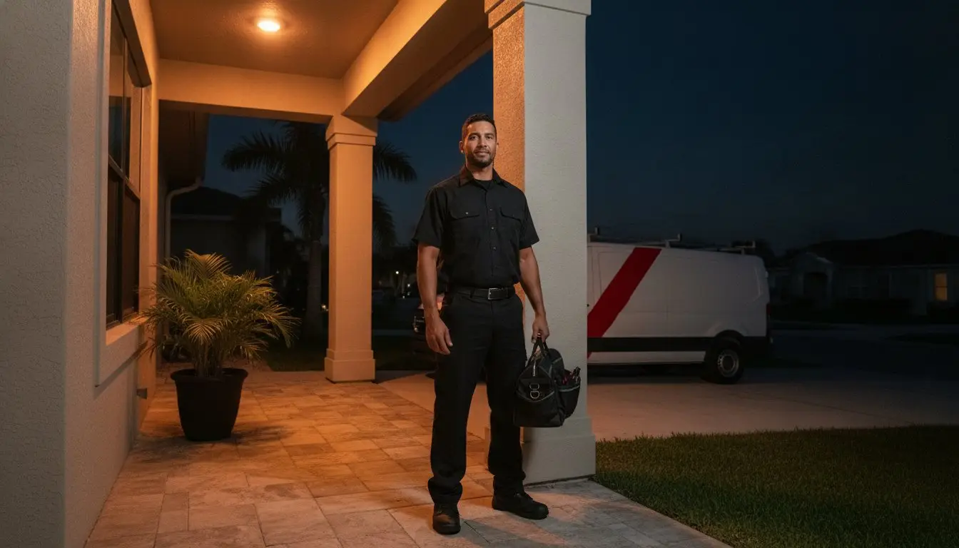 Man holding a tool bag on a lit front porch at night.