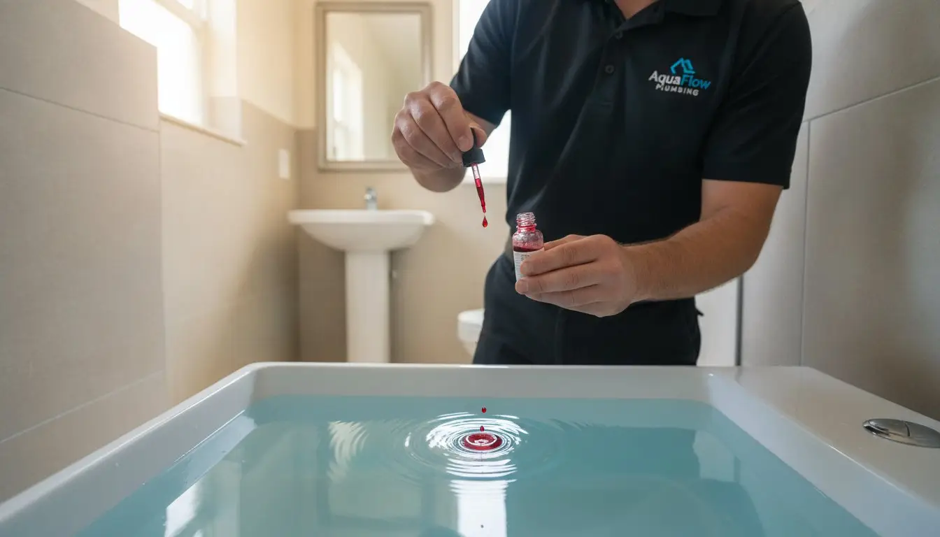 Person adding red liquid with a dropper to a rectangular basin of water.