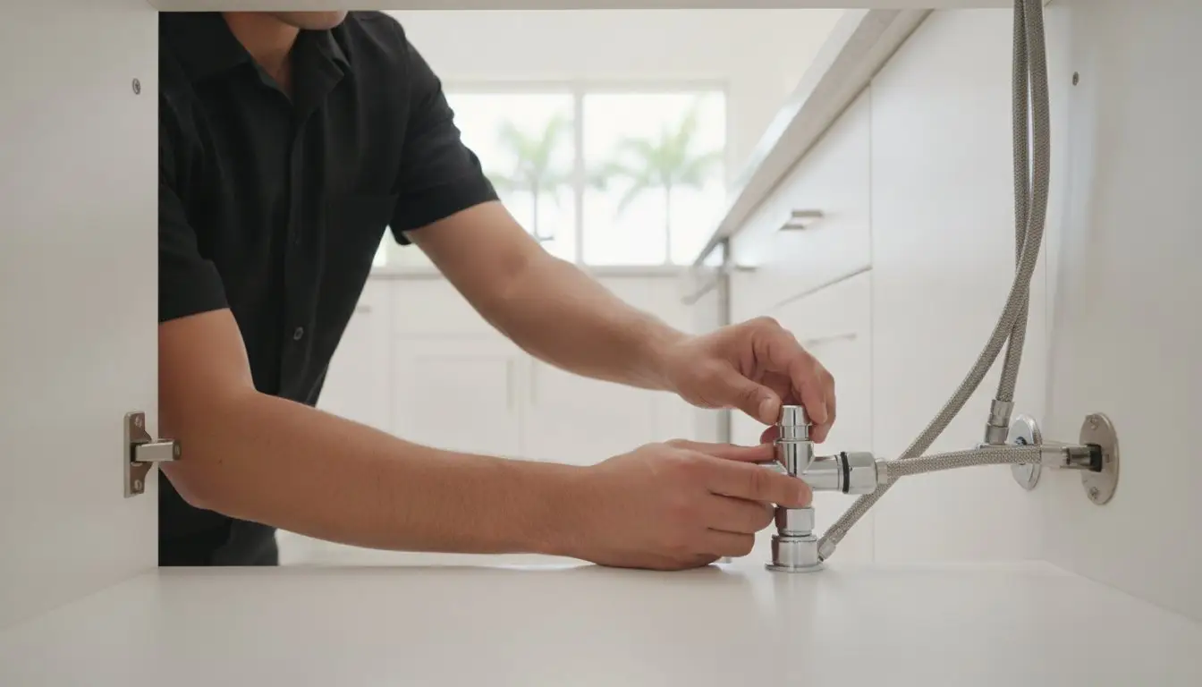 Hands adjusting a water supply valve inside a sink cabinet.