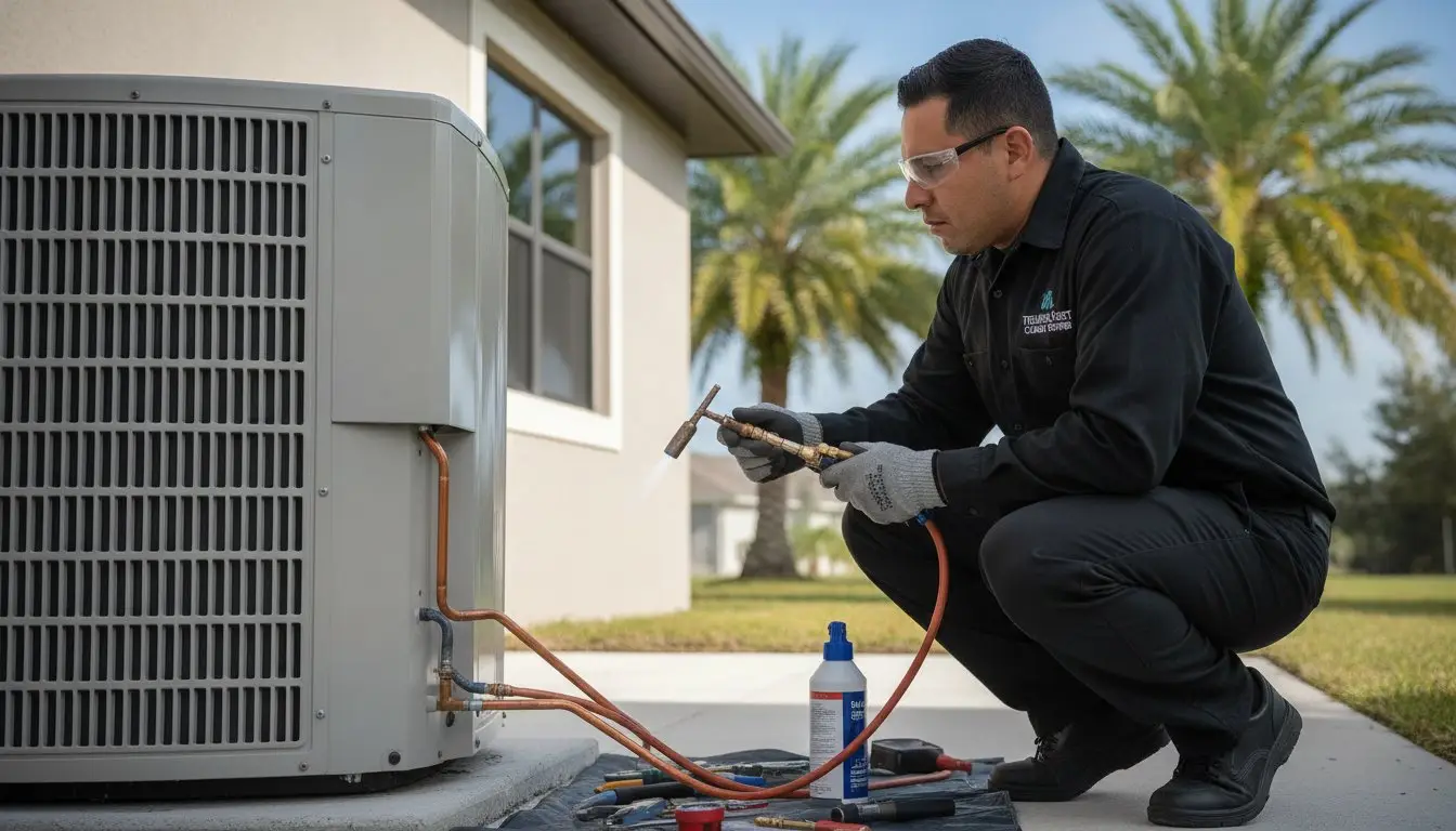 Man working beside an outdoor air-conditioning unit with service hoses and tools.
