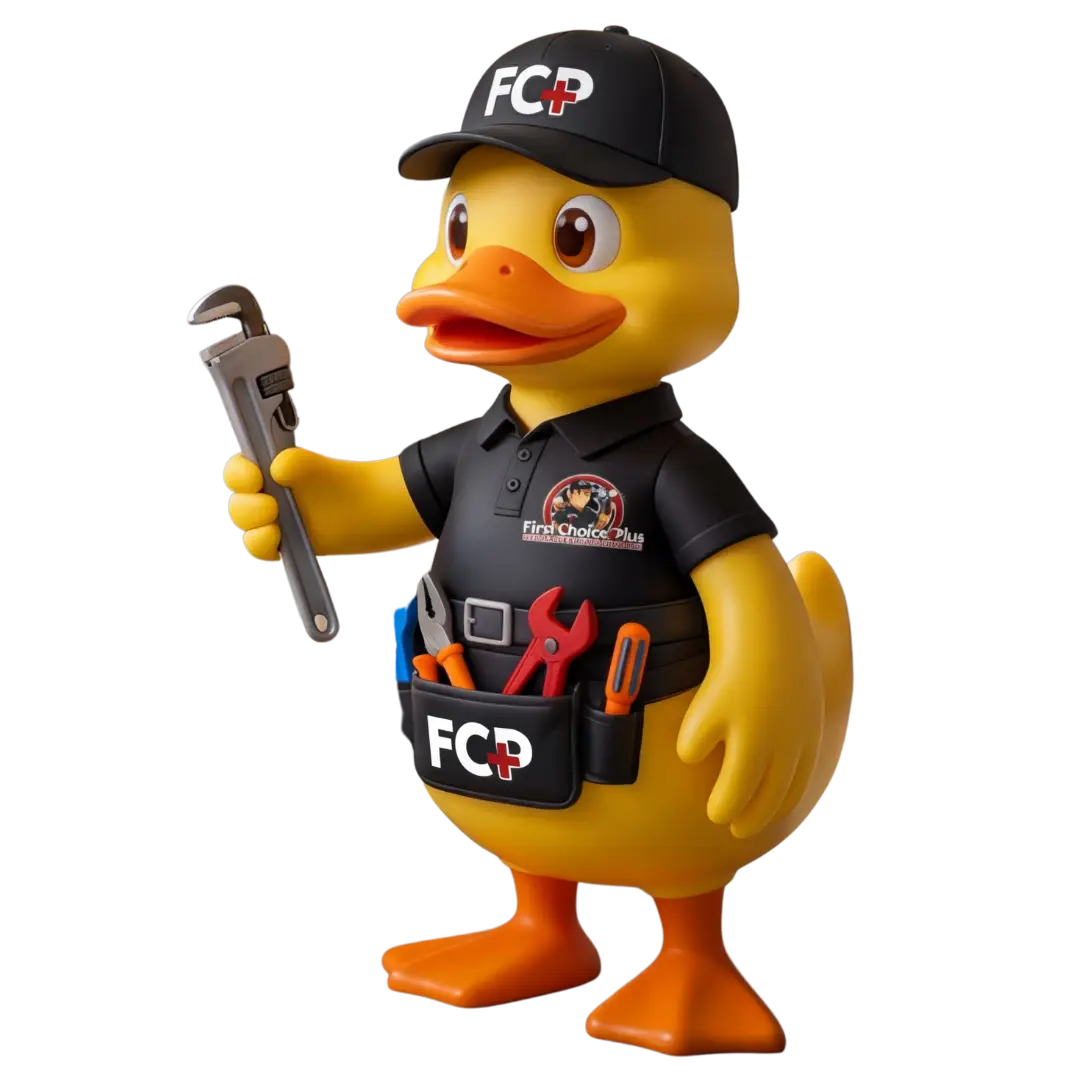 First Choice Plus Plumbing & Air duck mascot holding a plumbing wrench