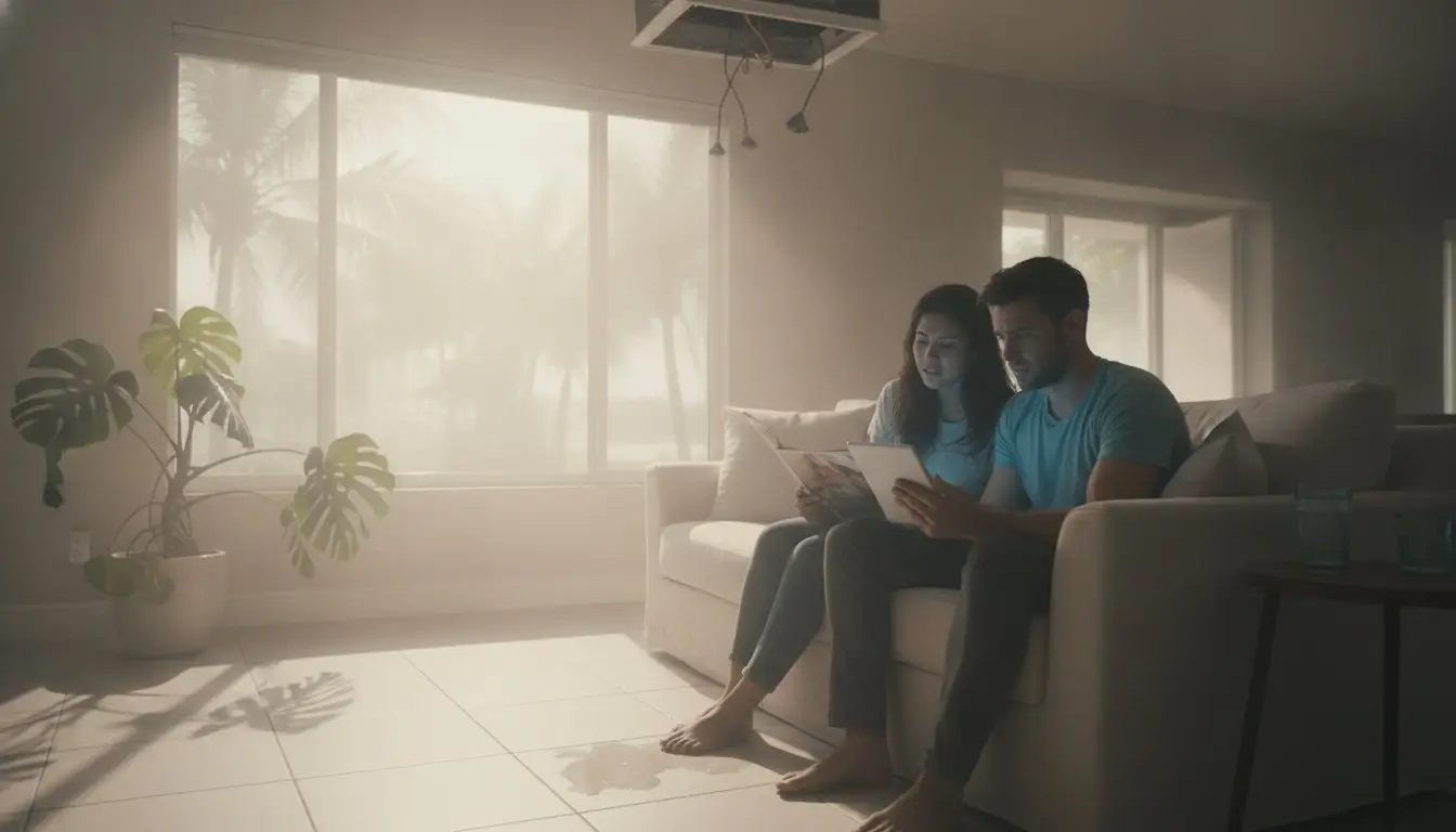 Two adults looking at a tablet together on a living-room sofa.