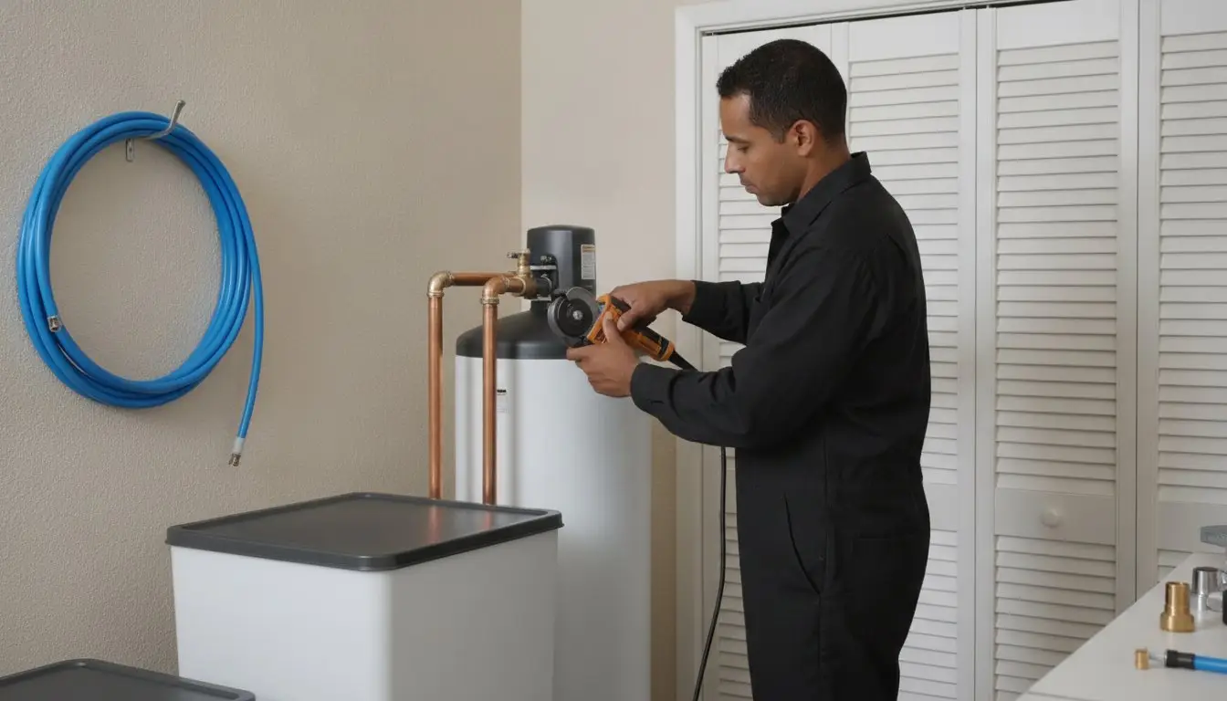 Man adjusting the control head of a water-treatment tank.