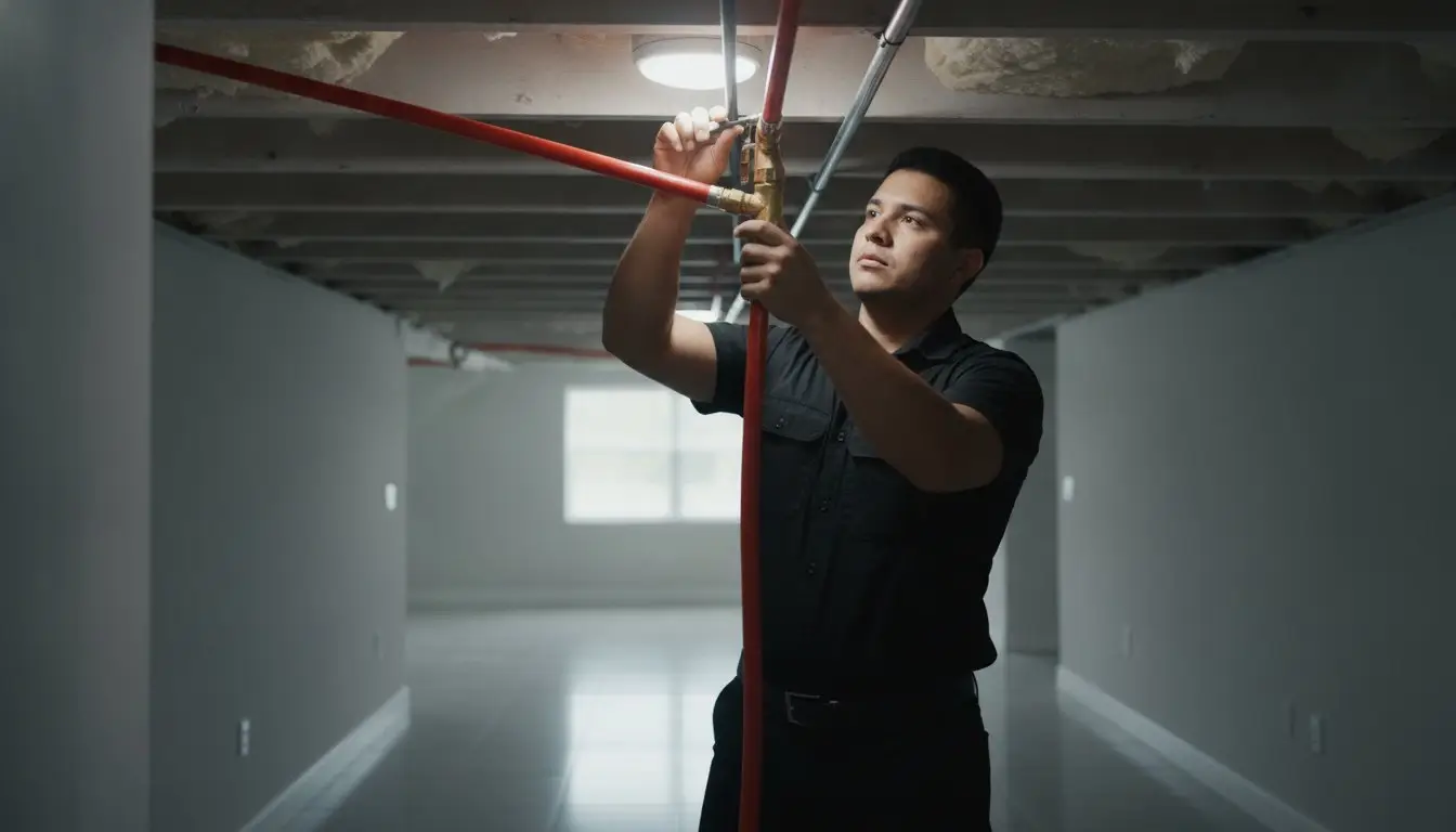 Man working on red piping beneath exposed ceiling framing.