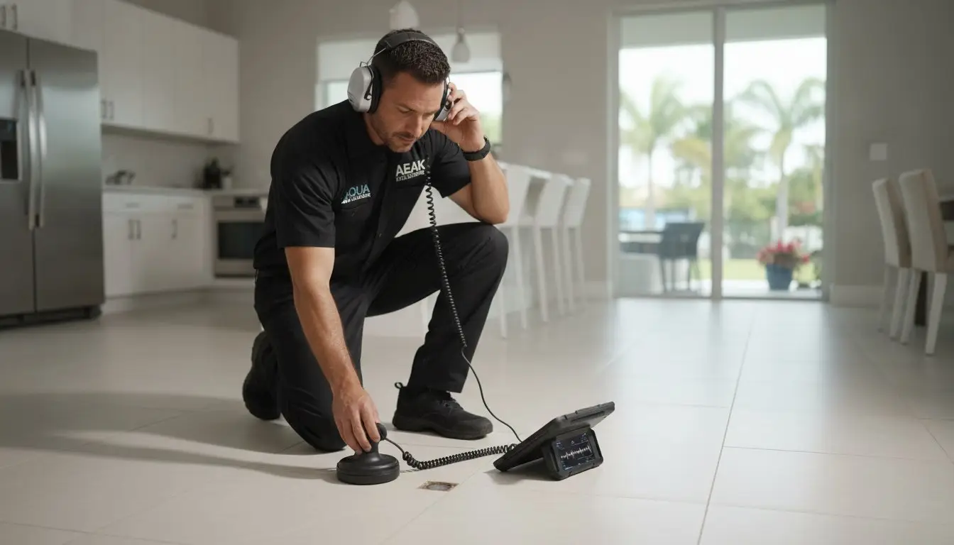 Man using headphones and a floor sensor beside a portable meter.