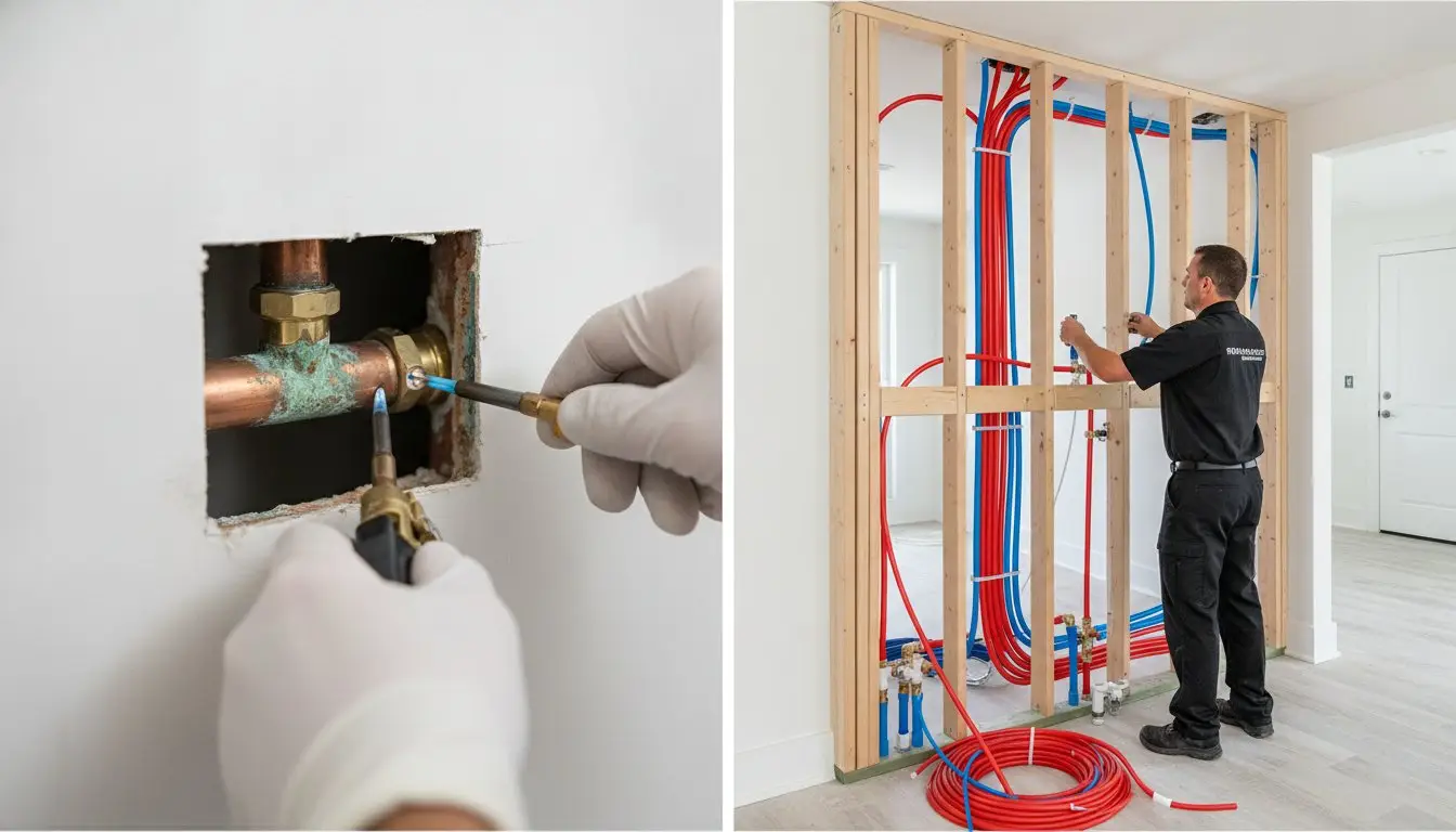 Pipe fitting close-up beside a wider view of red and blue pipes in an open wall.