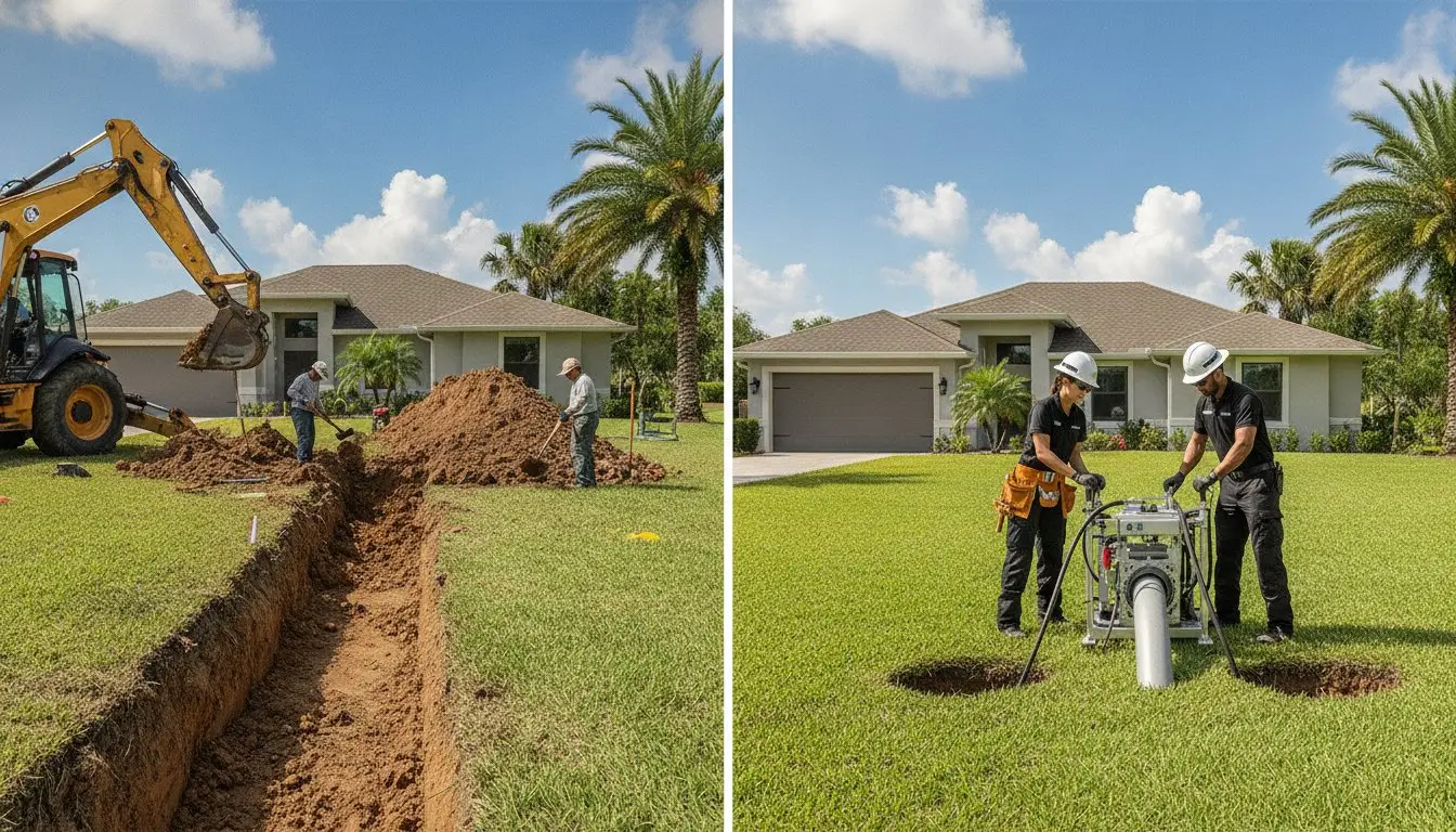 Large lawn trench beside an excavator contrasted with workers at a small lawn opening.