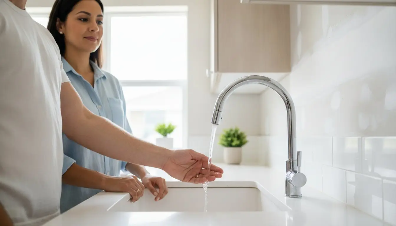 Person holding a hand beneath a running kitchen faucet while another adult watches.
