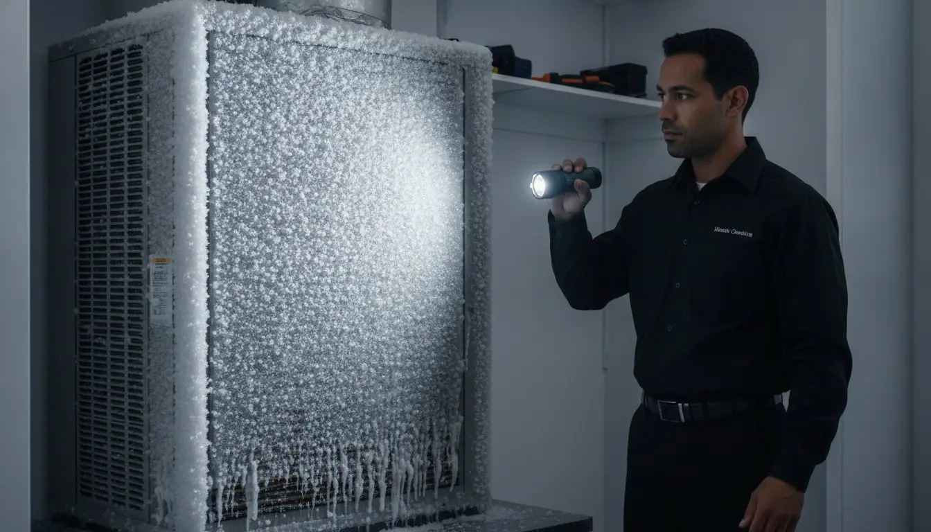 Man shining a flashlight toward an ice-covered air-conditioning unit.