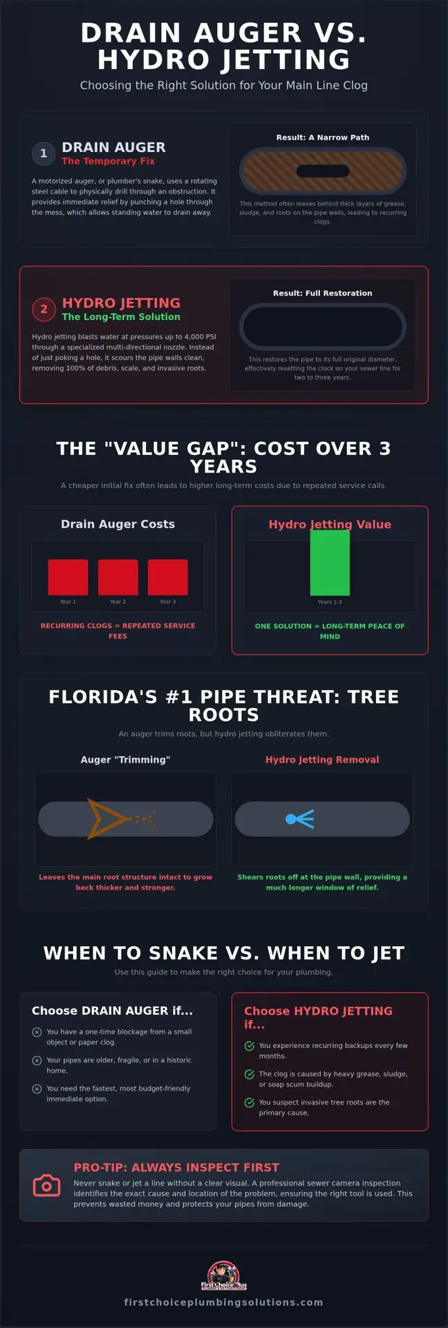 Hydro Jetting vs. Auger for Main Line Clog Cost: 2026 Florida Homeowner's Guide 1 Hydro Jetting vs. Auger for Main Line Clog Cost: 2026 Florida Homeowner's Guide